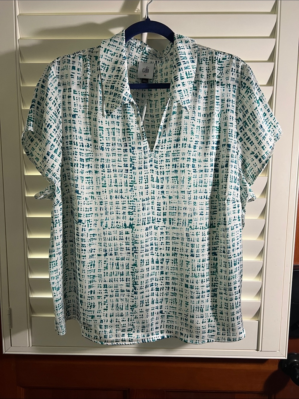 CAbi Float Top Teal Mahjong inspired print top